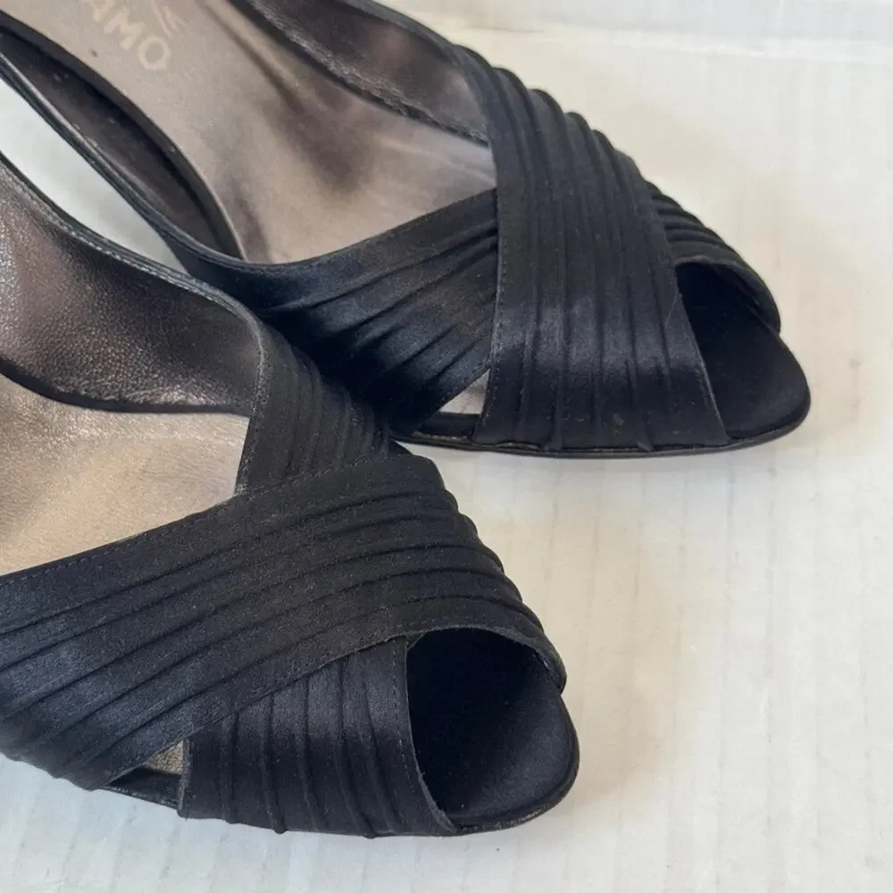 Salvatore Ferragamo Black Satin Peep Toe Pumps Heels Womens 9.5 Classic Luxury
